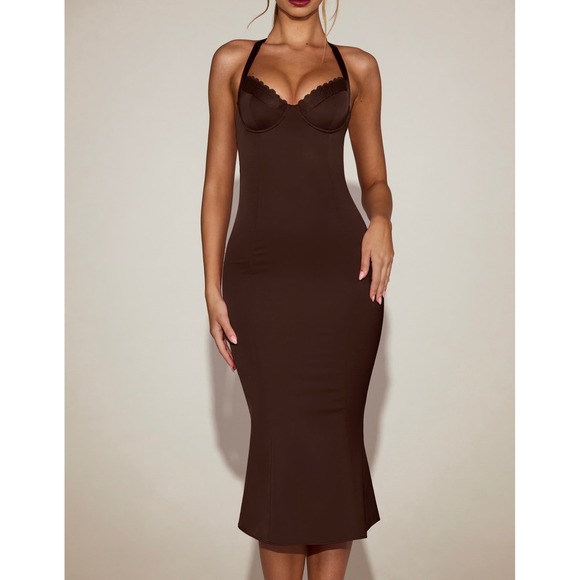 Oh Polly Dresses & Skirts - Oh Polly Chocolate Brown Underwire Lace Halter Mermaid Midi Dress US 6 New